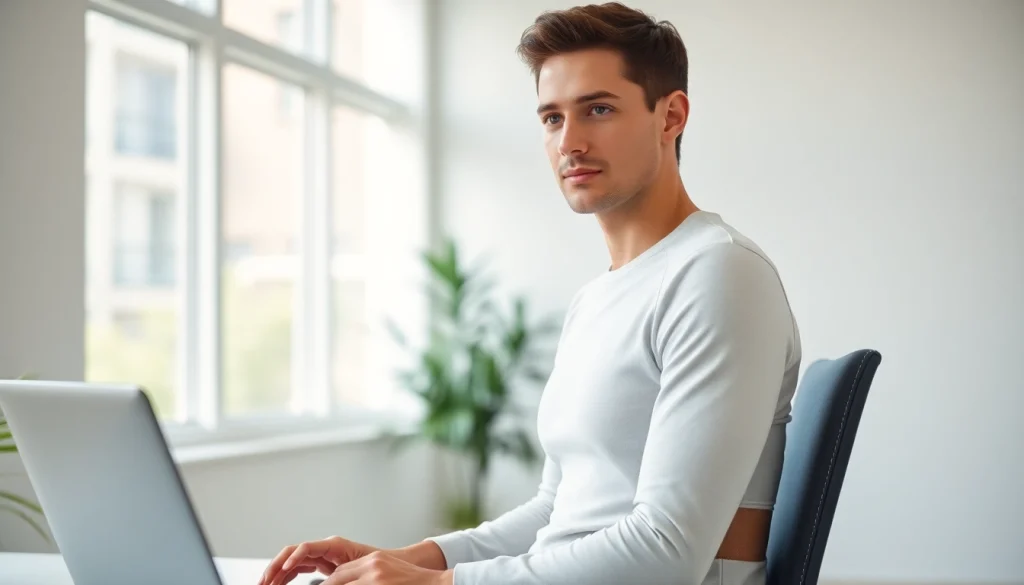Model demonstrating posture garment for healthy sitting posture in an office.