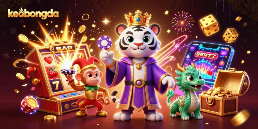 Experience keobongda's thrilling jackpot moment with a majestic tiger and playful characters in a vibrant casino scene.