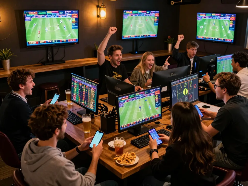Active sports betting moment at a social bar with friends engaging on open88ss