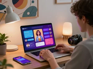 Interactive user engaging in nsfw chat ai on high-resolution laptop in a stylish workspace with vibrant digital interface elements.