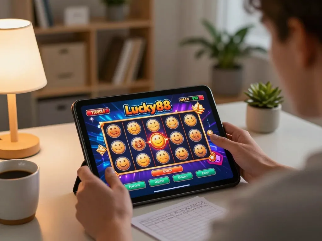 Player enjoying lucky88 slot game on tablet in cozy home setting while planning strategy.