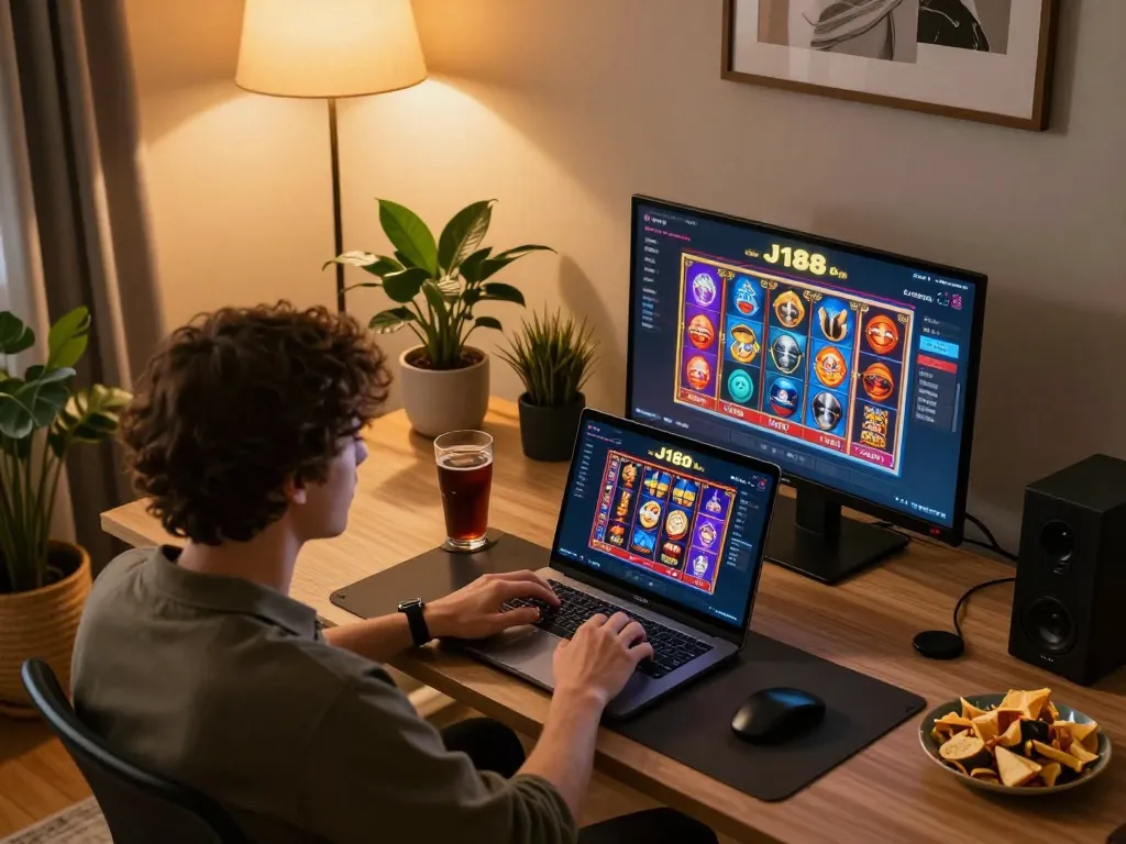 Engaged gamer using J188 đăng nhập on laptop, vibrant slots interface on screen, cozy home office.