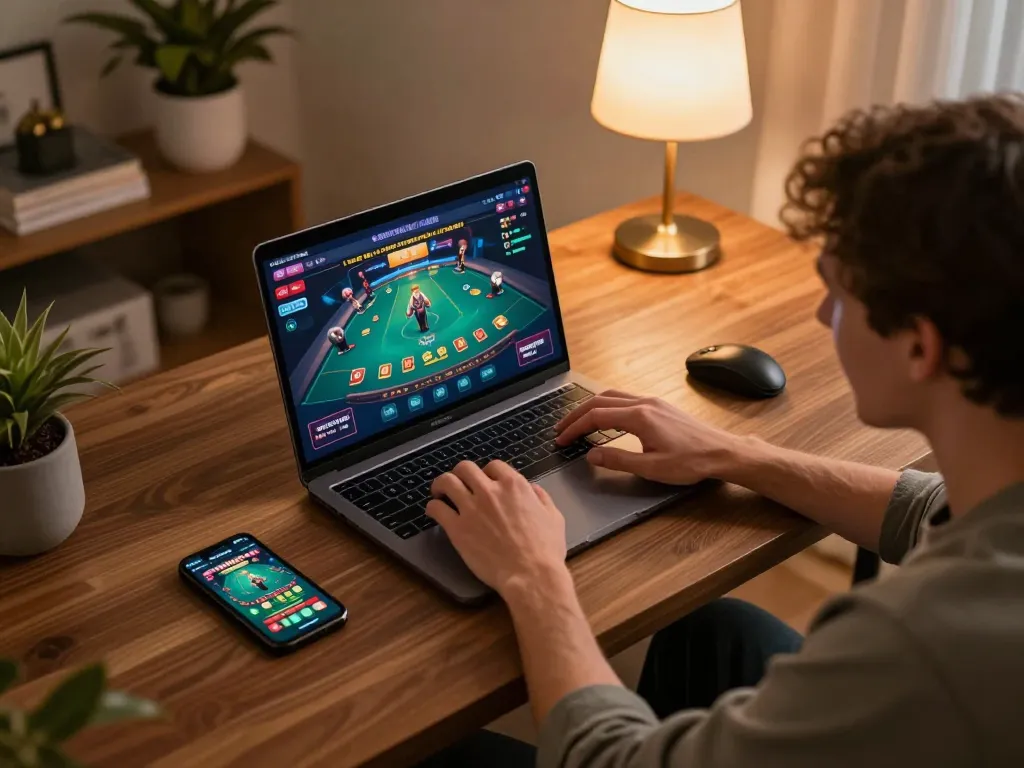 Engaging gameplay at home with uu88 bet on laptop and mobile app, showcasing strategic online gambling.