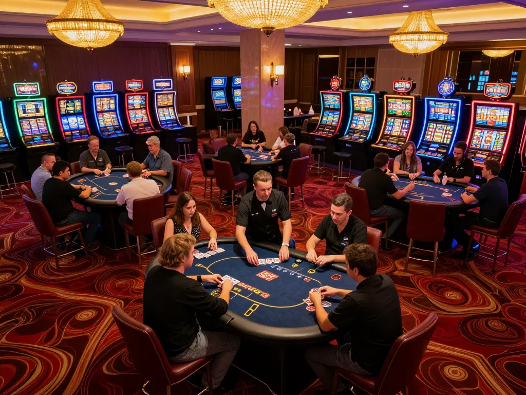 F 168 players enjoying high-stakes poker action on a vibrant casino floor, showcasing strategic gameplay.