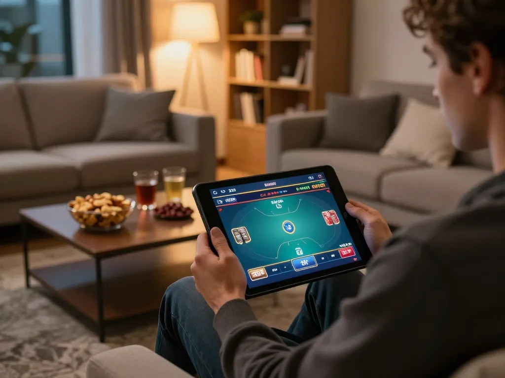 Engaged user playing poker game on tablet link 88vin in a cozy, vibrant living room setup.