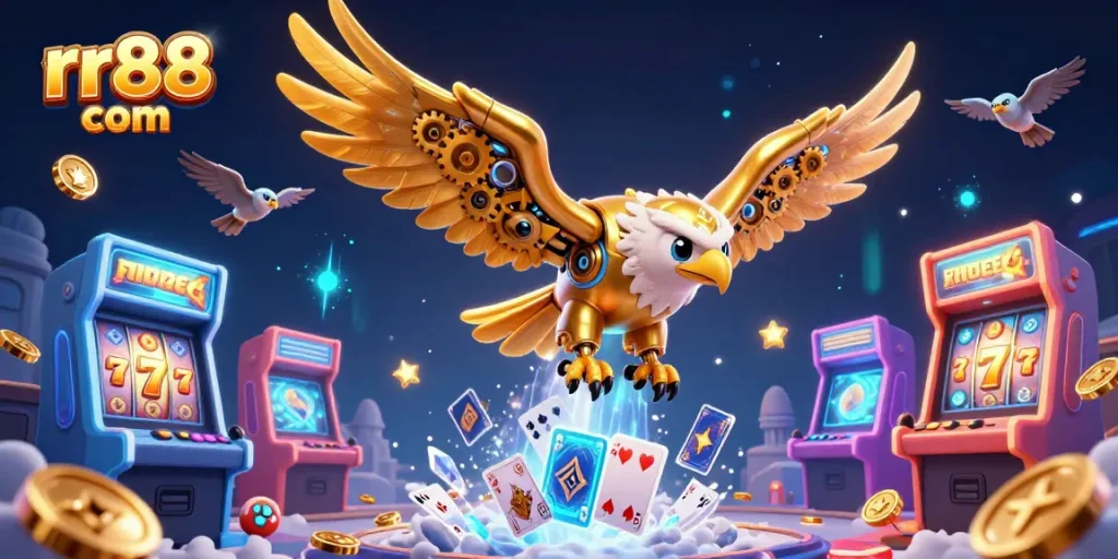 Experience thrilling games at rr88 com with a vibrant casino scene, featuring a cybernetic eagle and dynamic elements.
