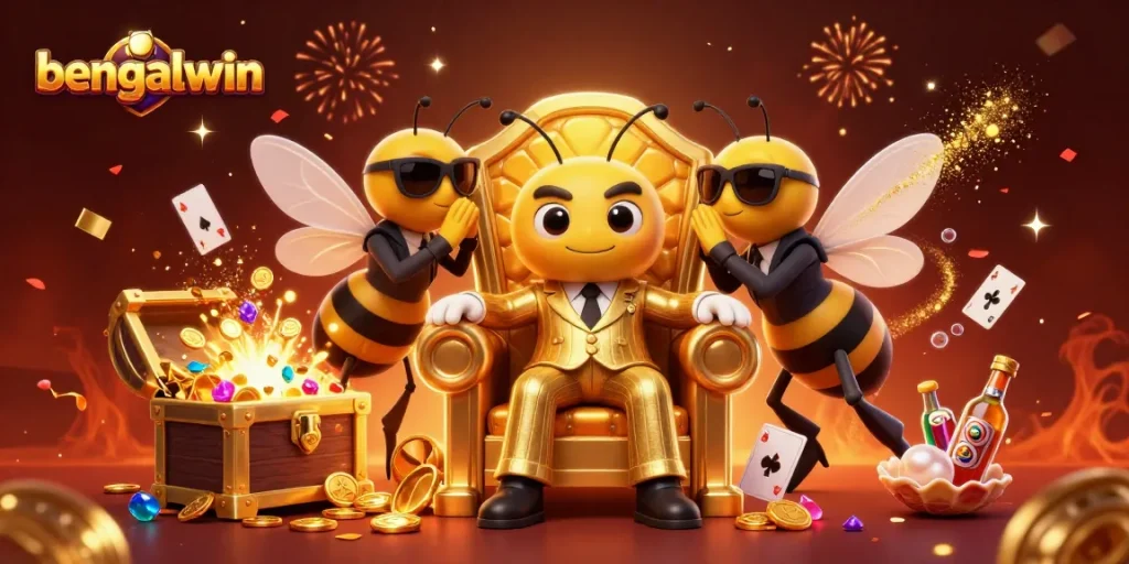 Bengalwin showcases exciting slot games, gem-filled treasure chests, and vibrant bumblebee characters in a lively casino illustration.
