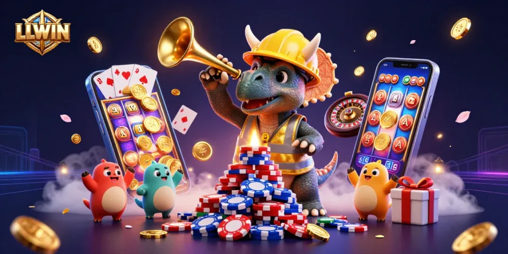 LLWIN engages players with colorful slot games and poker chip pyramids in a vibrant celebration.