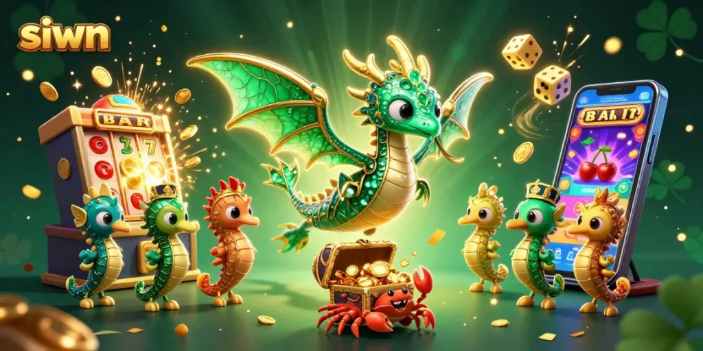 Experience the thrill at siwn with a vibrant casino scene, featuring a leafy sea dragon and slots.