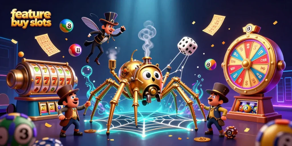 Experience the thrill of feature buy slots with golden spider and Victorian fly surrounded by vibrant casino elements.
