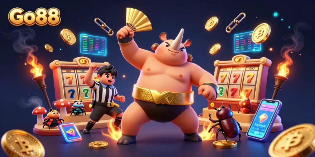 Experience thrilling wins at Go88 with a 3D illustration featuring a sumo beetle champion amidst vibrant casino elements.