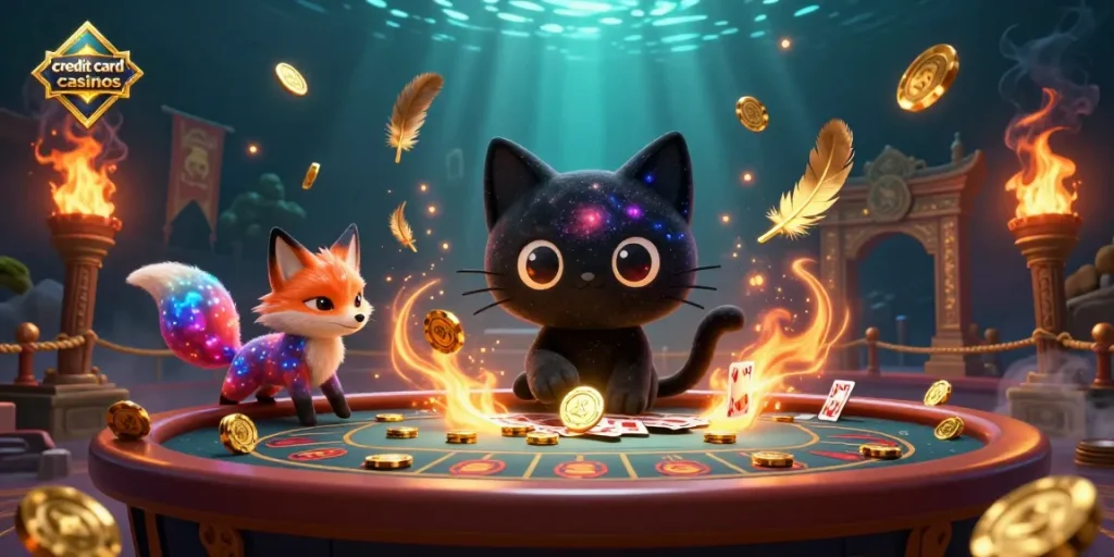 Explore vibrant scenes at credit card casinos with enchanting characters and dynamic gaming elements.