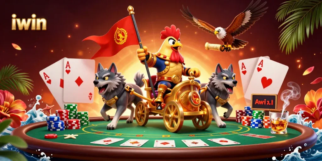 Experience excitement at iwin's casino with a dynamic scene of fantasy characters and poker elements.