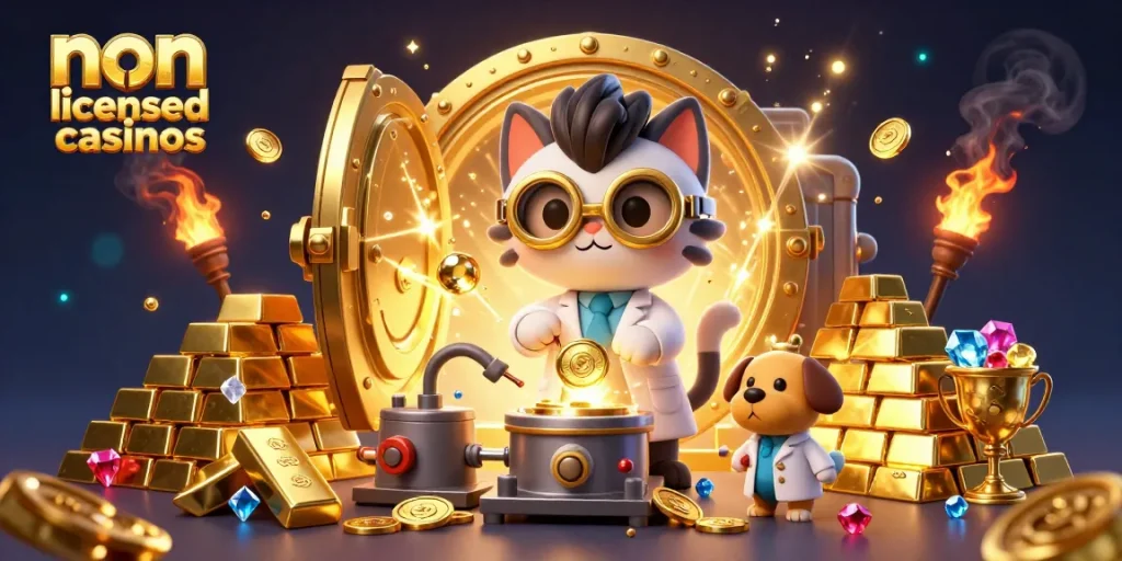 Engaging illustration of non UK licensed casinos with a mad scientist cat and dog, surrounded by gold and jewels.