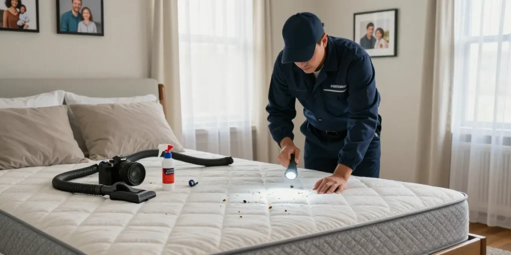 Bed bug exterminators inspecting a mattress in Milwaukee bedroom for pest control.