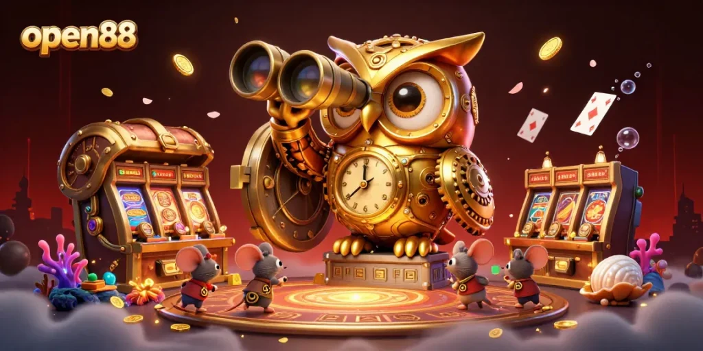 Spin and win exciting jackpots with open88's vibrant casino illustration showcasing a clockwork owl and thrilling games.