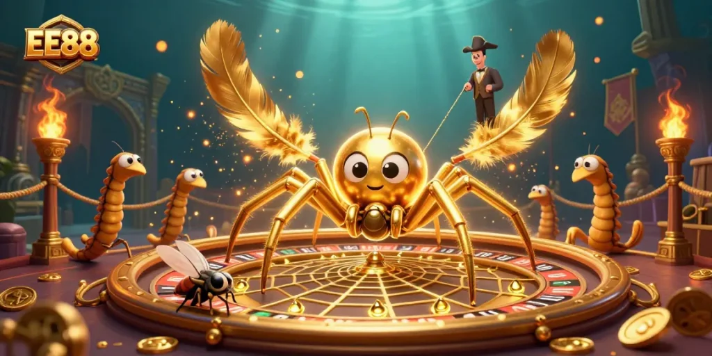 EE88 casino scene showcasing a unique spider and croupier in a vibrant gambling-themed illustration.