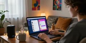NSFW AI chat scene with user interacting in cozy setting, showcasing technology and personal ambiance.
