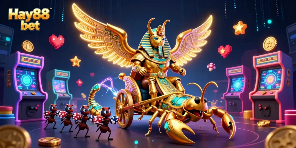 Experience Hay88 bet with a vibrant scene of 3D casino elements and characters in action.