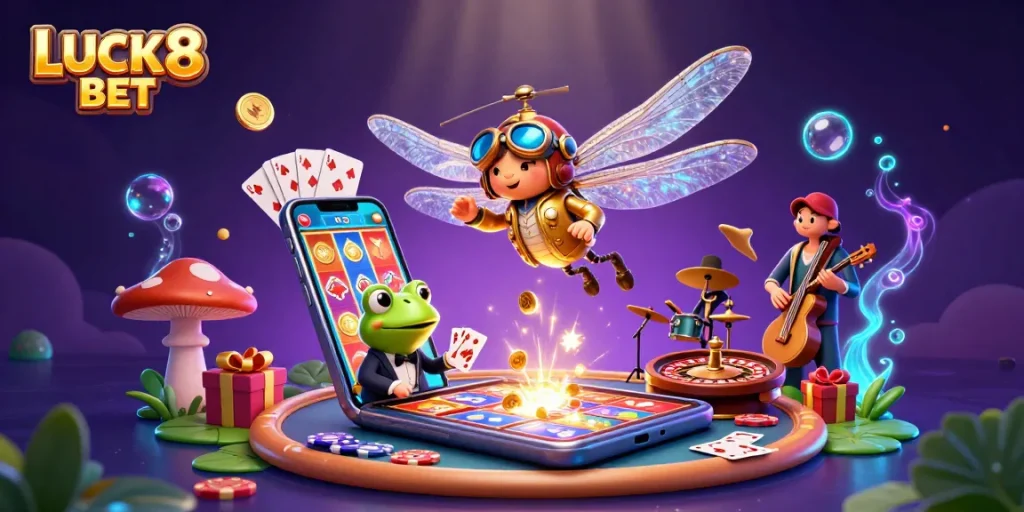 Experience LUCK8 BET with a captivating scene featuring a cartoon dragonfly pilot, frog croupier, and vibrant casino elements.