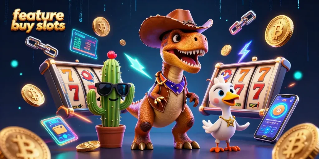 Experience feature buy slots with a vibrant 3D scene showcasing a dinosaur and slot reels.