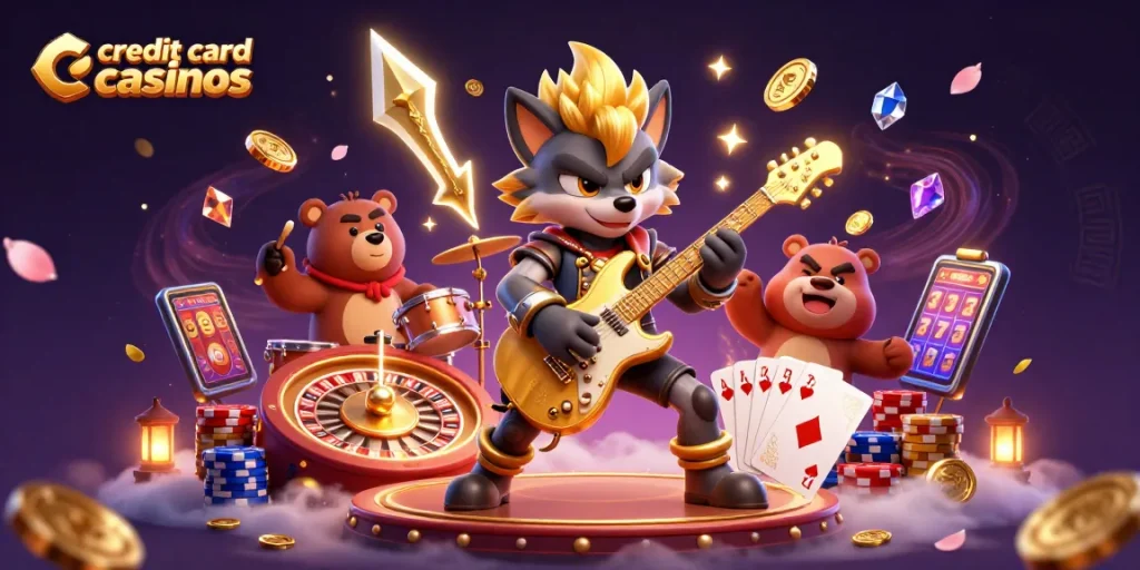 Experience thrilling action at credit card casinos with a rock star wolf and drummer bear!