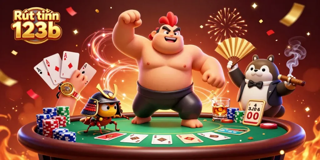 Experience the excitement of Rút tiền 123b with a thrilling poker scene featuring colorful chips and dynamic characters.
