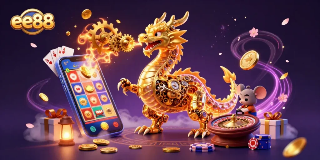 Experience epic wins at ee88, featuring a golden dragon and a mouse engineer surrounded by vibrant casino elements.