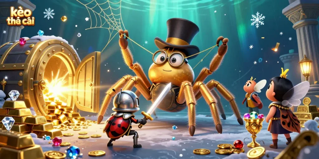 Engaging kèo nhà cái action showcasing a golden tarantula weaving winning odds for bettors in vibrant casino scene.
