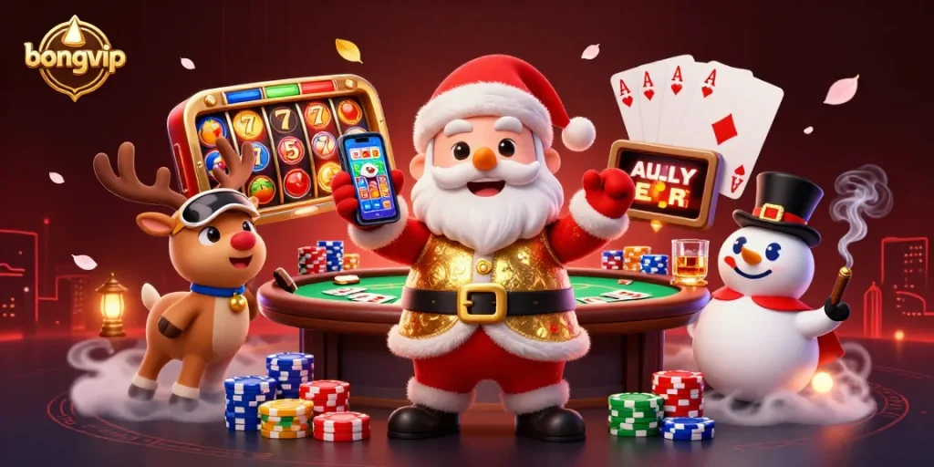 Bongvip showcases a vibrant casino scene featuring cartoon characters celebrating with slot machines and poker elements.