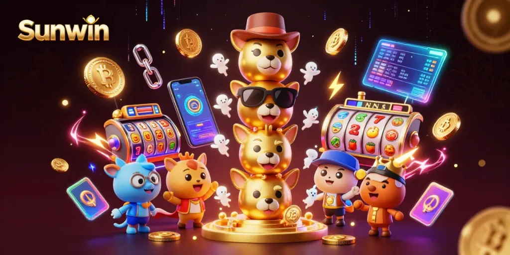 Sunwin features a vibrant 3D casino totem scene with animated animal faces and cryptocurrency elements.