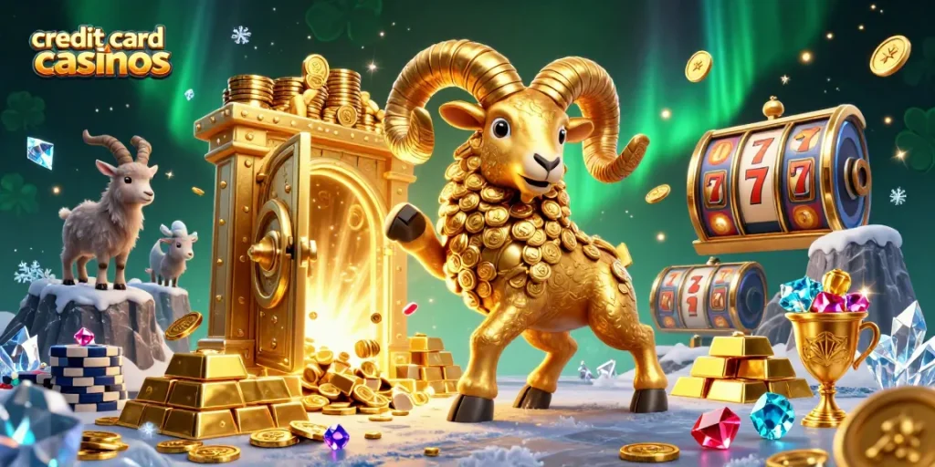 Experience excitement at credit card casinos with a dynamic scene of golden characters, treasures, and slots.