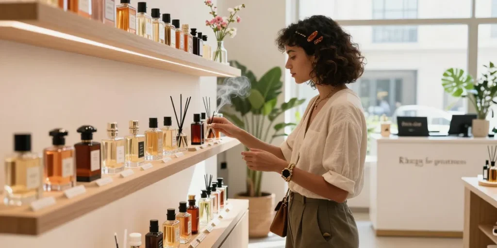 Discovering Raza for greatness in a luxurious perfume shop with stylish individual browsing affordable luxury scents.