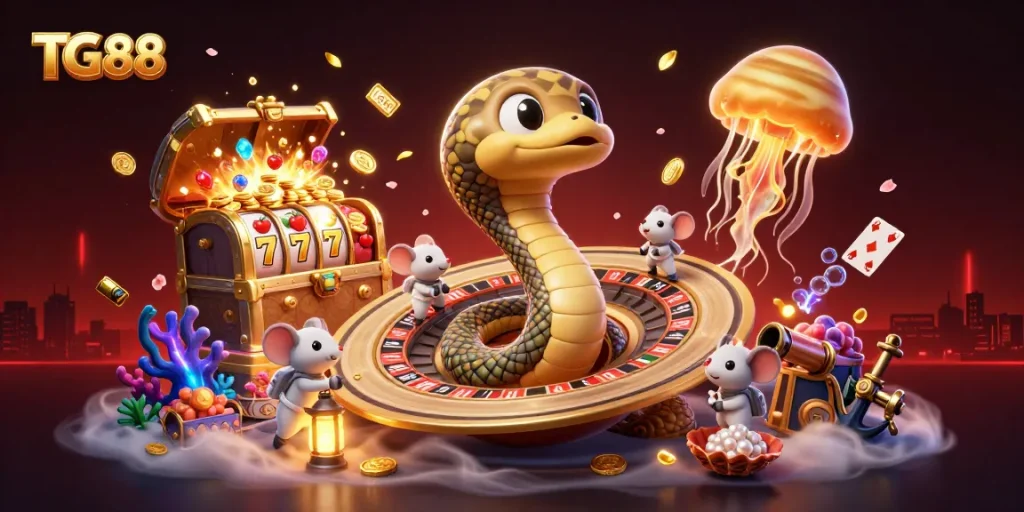 Engage with TG88, featuring a cosmic dealer and cartoon characters in a vibrant casino-themed scene filled with playful elements.