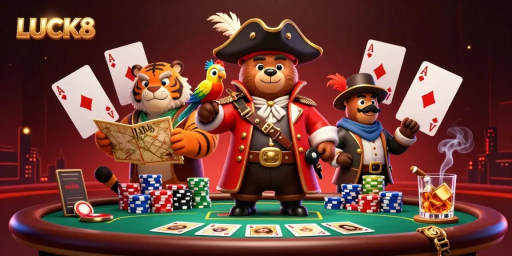 Experience thrilling gaming with LUCK8's dynamic casino scene featuring a pirate bear and friends.