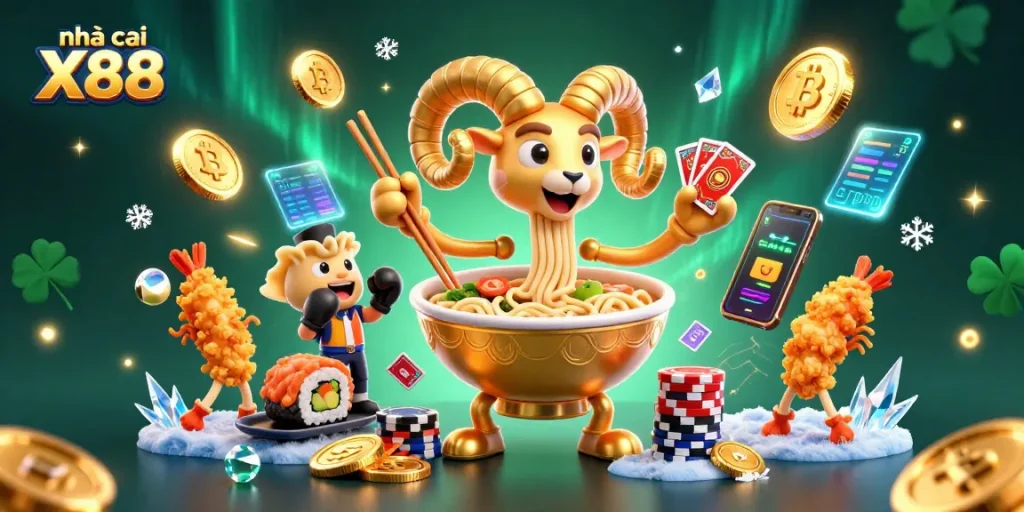 Experience thrilling gaming at nhà cái X88 with a lively casino scene featuring vibrant characters.