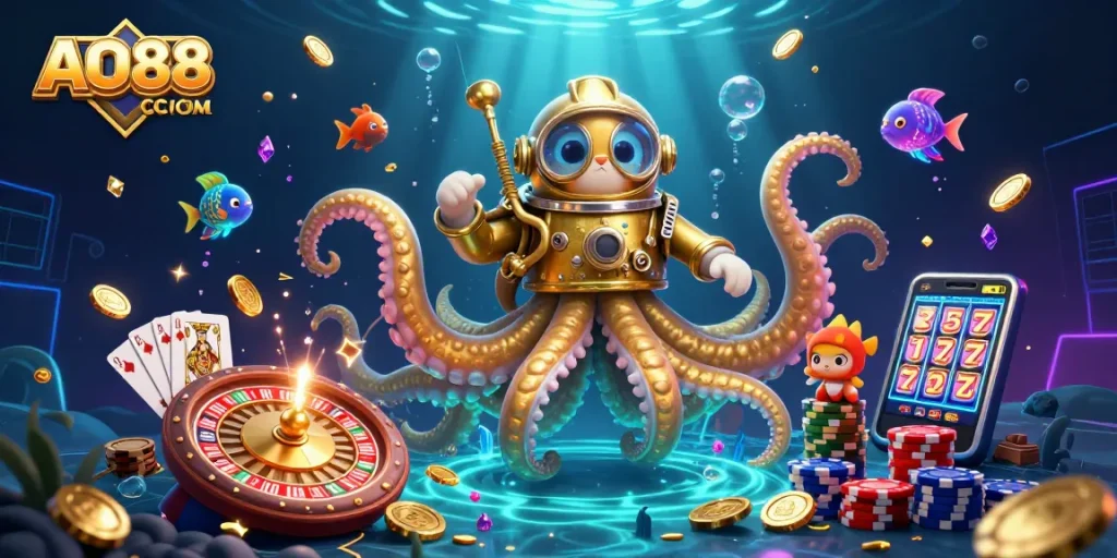 Experience thrilling gambling at AO88 COM with an epic kraken and divers amidst rich casino elements.