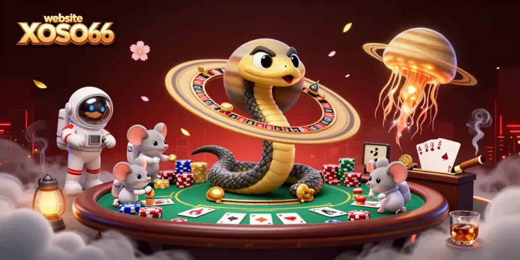 Engage in betting excitement at website XOSO66 with a cosmic dealer in a vibrant, animated space scene.