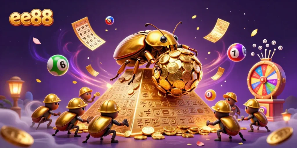 Engage with ee88's vibrant casino world, featuring dynamic golden beetles and magical lottery elements.