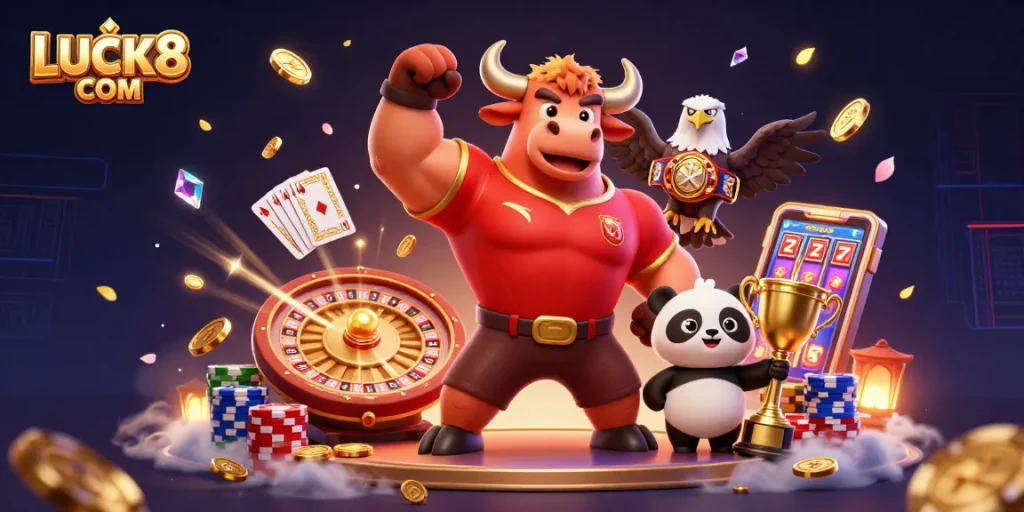 LUCK8 COM showcases a victorious bull mascot in a vibrant casino scene, surrounded by exciting game elements.