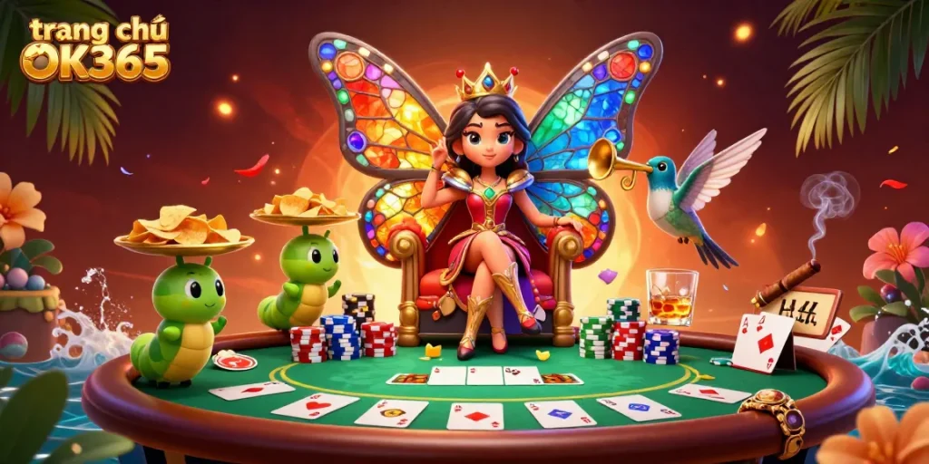 Engage with the exciting world of trang chủ OK365 in this vibrant casino scene filled with poker elements.