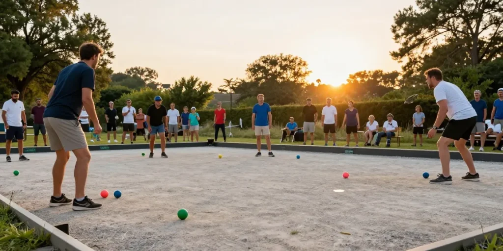 Dynamic petanque players engaged in a match at fopikotamakassar.org, showcasing community and competition.