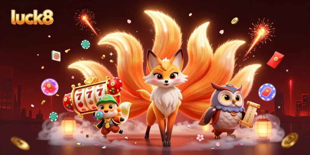 Experience luck8's vibrant gaming world with colorful spirits and dynamic slot elements.
