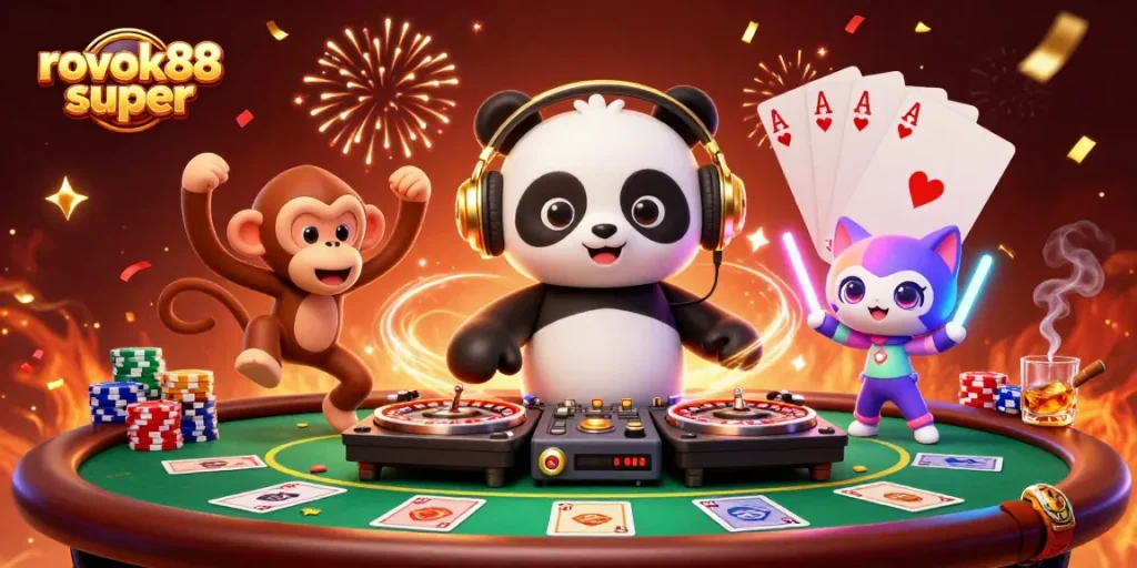 Experience the excitement of rokok88 super with vibrant, 3D casino characters dancing among poker chips and roulette.