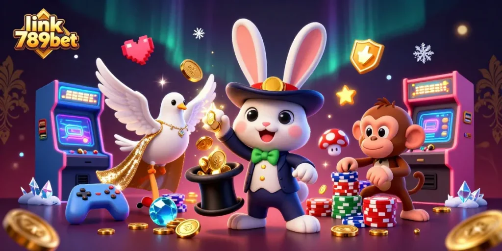 Engage with the link 789bet through whimsical casino characters in a vibrant, detailed digital illustration.