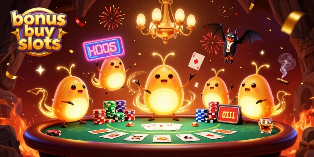 Experience thrilling bonus buy slots in a vibrant cave casino scene featuring glowworms and poker elements.