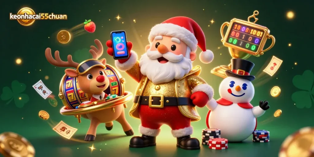 Join the excitement with keonhacai55chuan, featuring Santa, a reindeer dealer, and a poker chip snowman in a lively casino.
