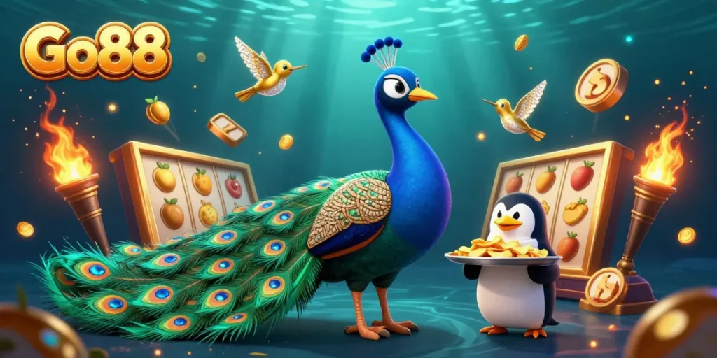 Experience Go88's enchanting world with a vibrant casino scene featuring slot reels, a peacock, and a penguin.