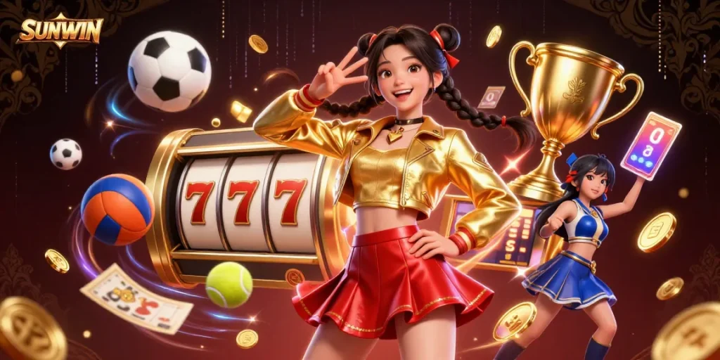 Spin to win with SUNWIN's vibrant 3D illustration showcasing thrilling slot games and casino elements.