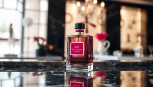Showcase of JPG Scandal perfume bottle on marble, enhancing luxury with vivid detail.